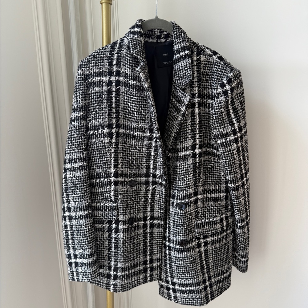 Mango Black and White Plaid Blazer